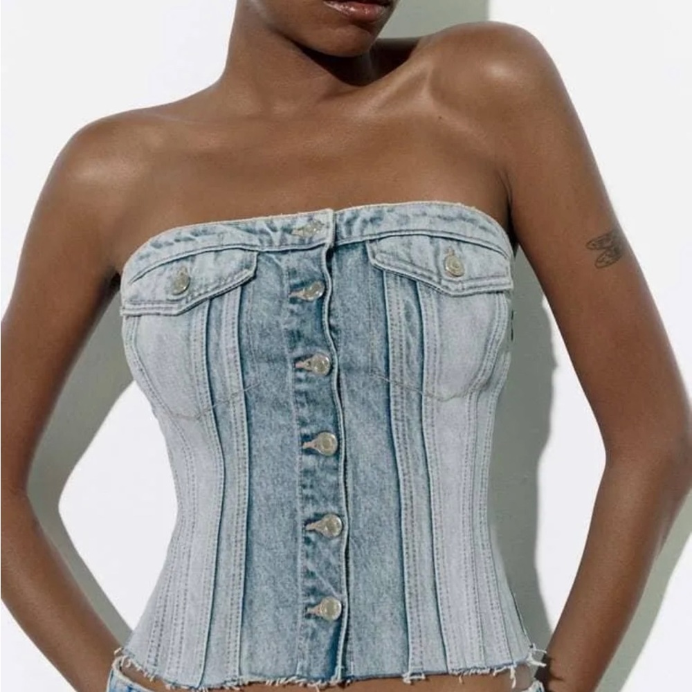 Zara TRF Corset Style Light Blue Denim Top